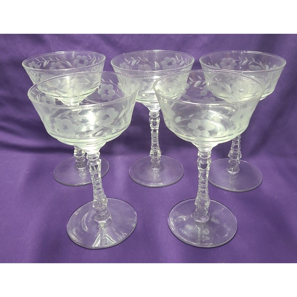 Set 5 Libbey Rock Sharpe Halifax Crystal Champagne Coupe Glasses Etched Floral